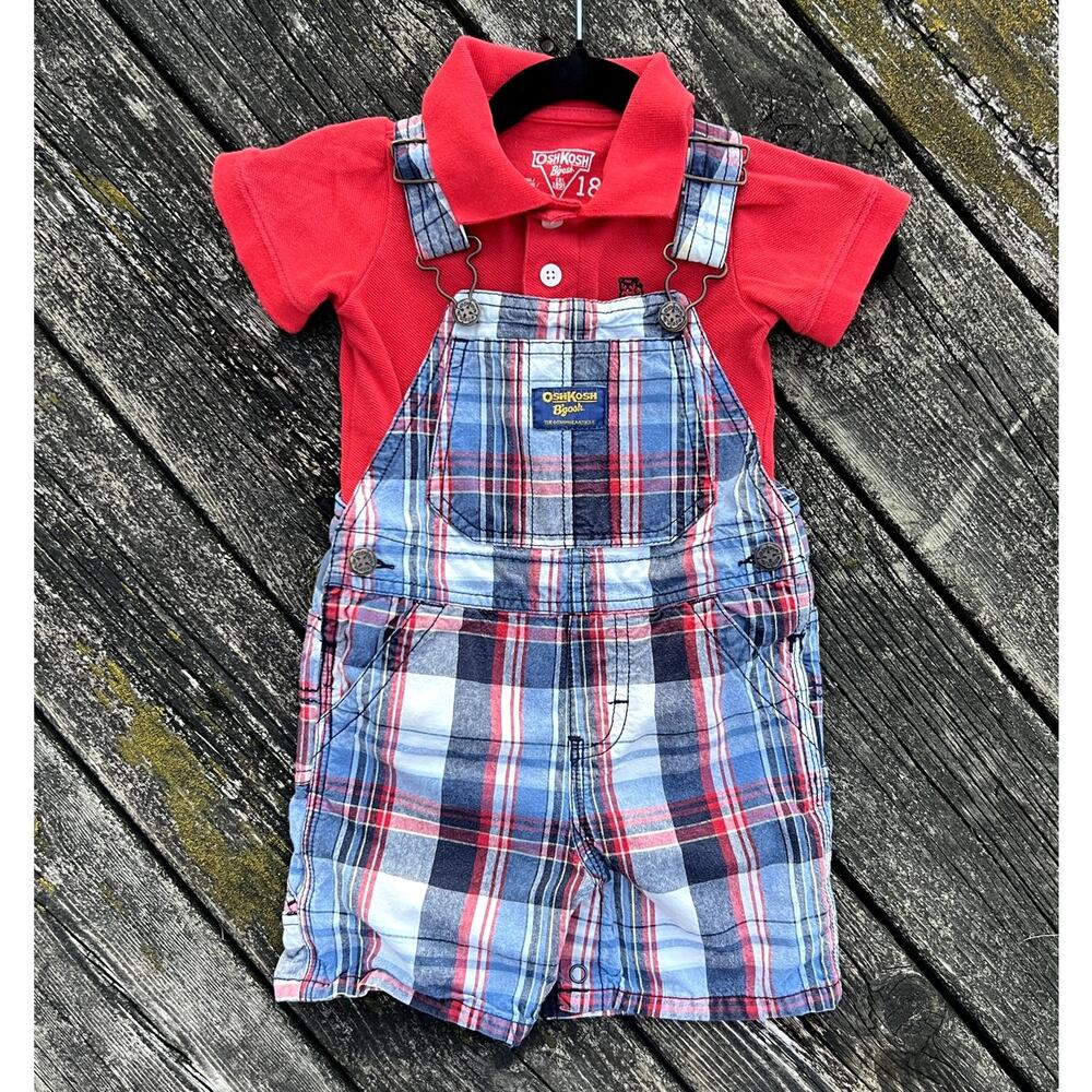 OshKosh‎ B'gosh Baby Boys Red Polo Bodysuit & Plaid Shortalls Set 18M